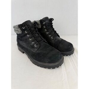 Vintage Y2K Predictions Black Suede Knit Collar Lace Up Boots Lug Sole Size 7W